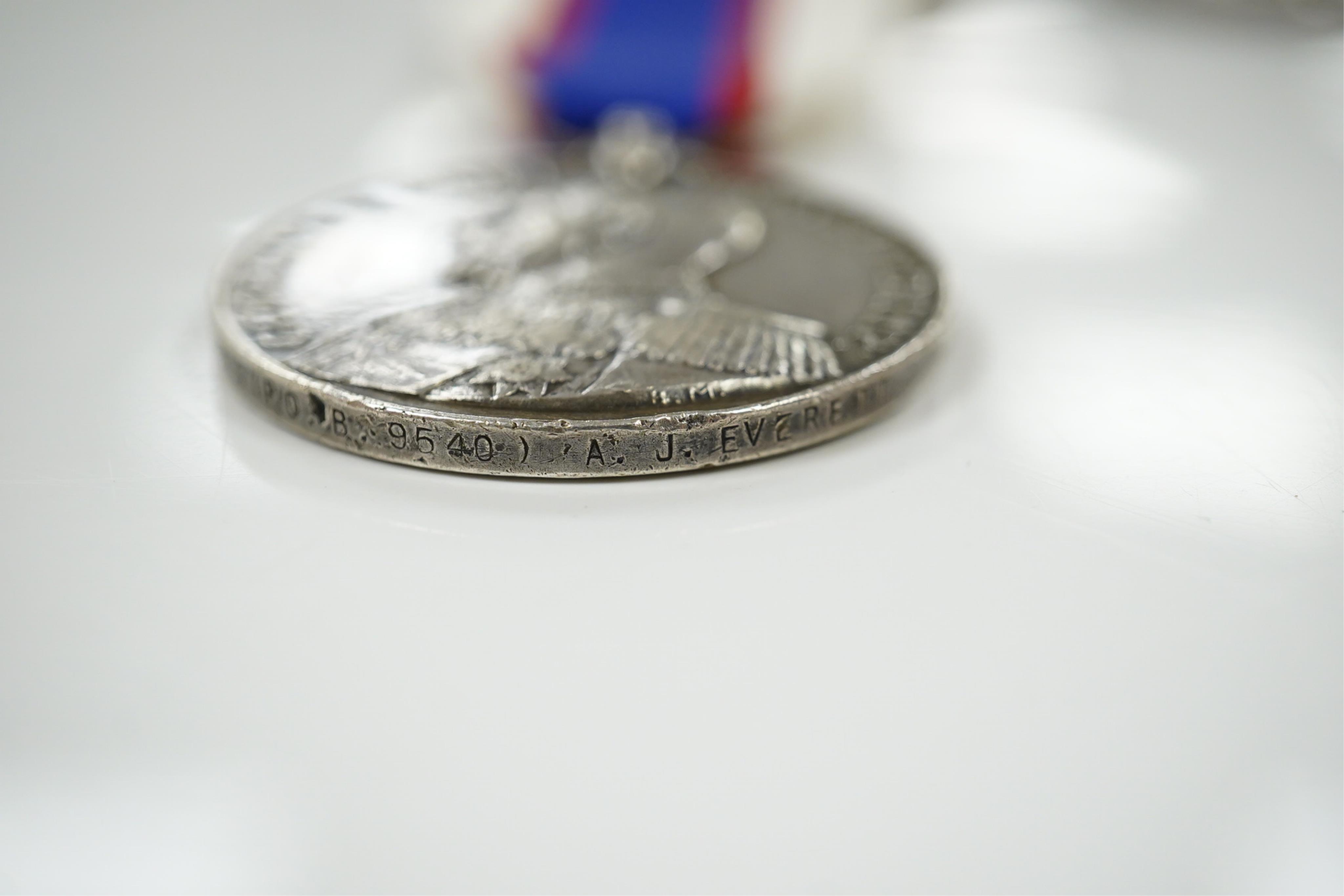 Four assorted Naval service medals; EVII Royal Naval Reserve LSGC to V.440. W.Lewis, STO.RNR.; GV Royal Fleet Reserve LSGC unnamed; GV RNLSGC (renamed) to J,87119 R.S. J.West. A.B.H.M.S.Victory; GV RNRLSGC to 1361V W.H.J